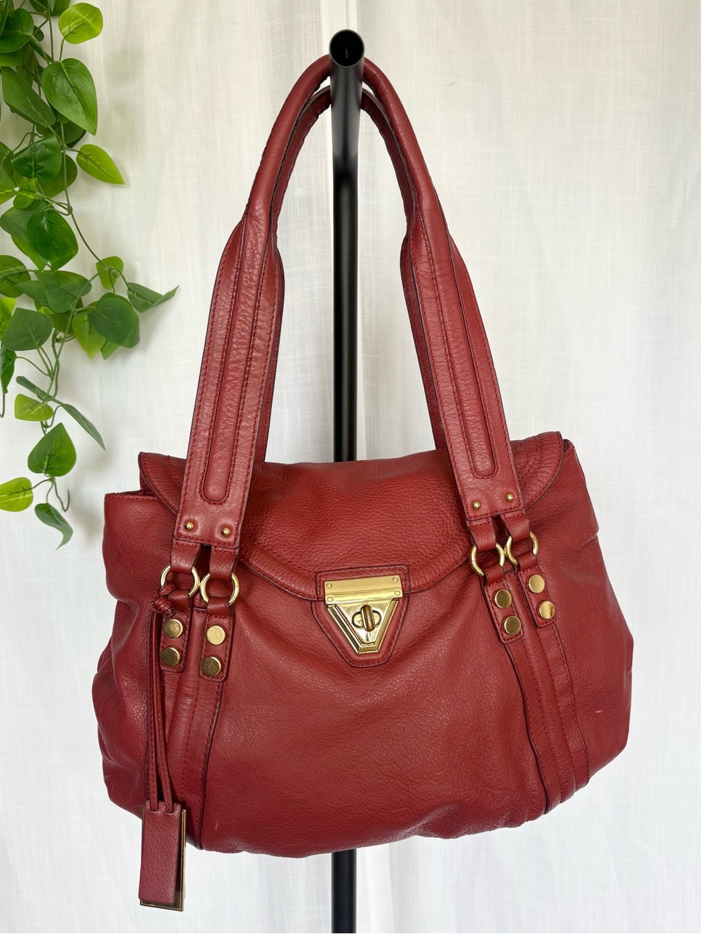 Pour La Victoire Red Leather Turnlock Satchel Shoulder Bag Brass Studded Moto